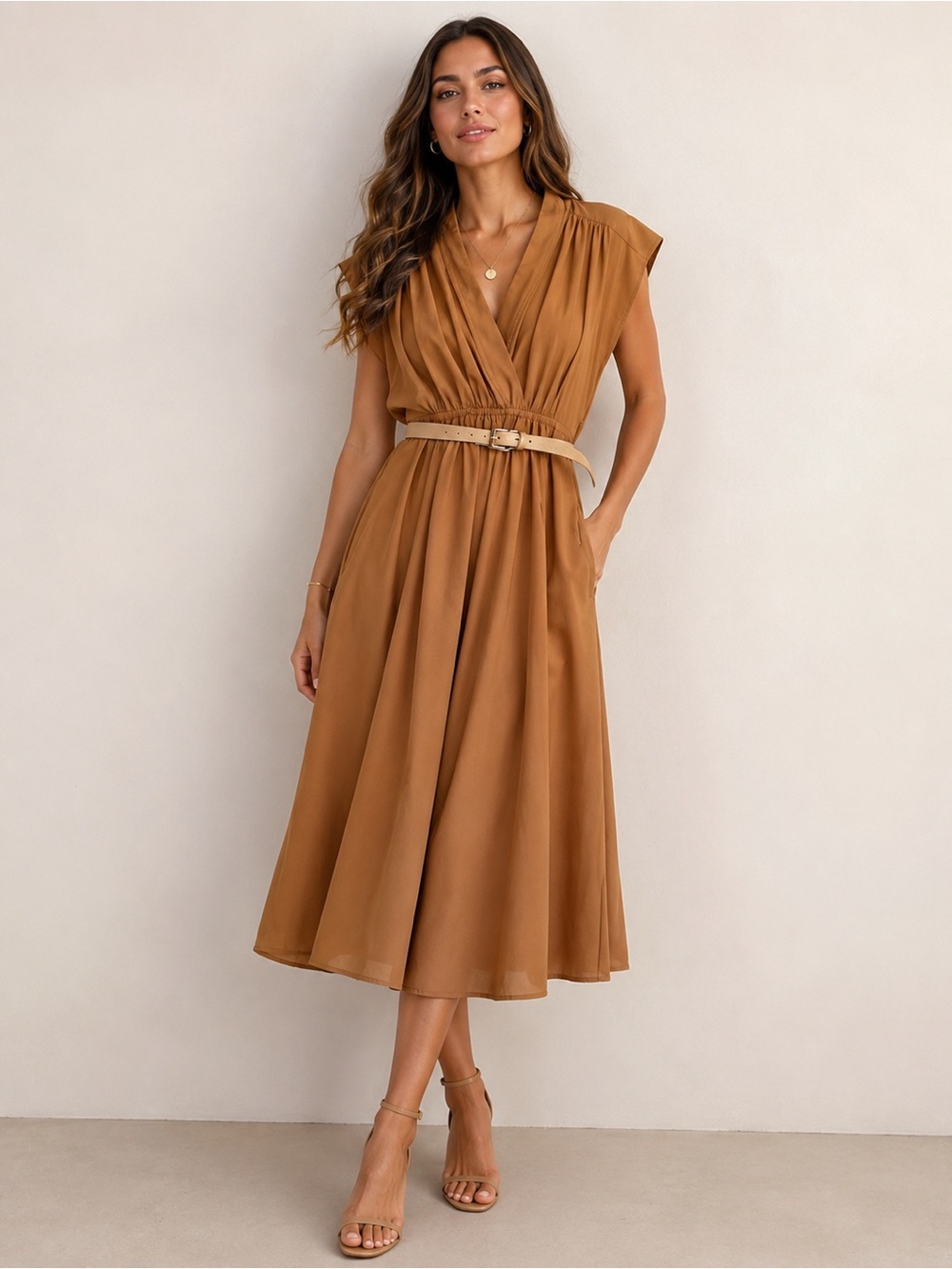 Calvin Klein Women’s Caramel Midi Dress with Beige Calvin Klein Belt Size 8